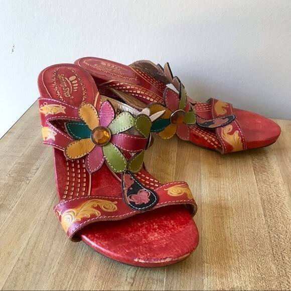 SPRING STEP Red Floral Leather Sandals Papaya Size 37 - Picture 1 of 7